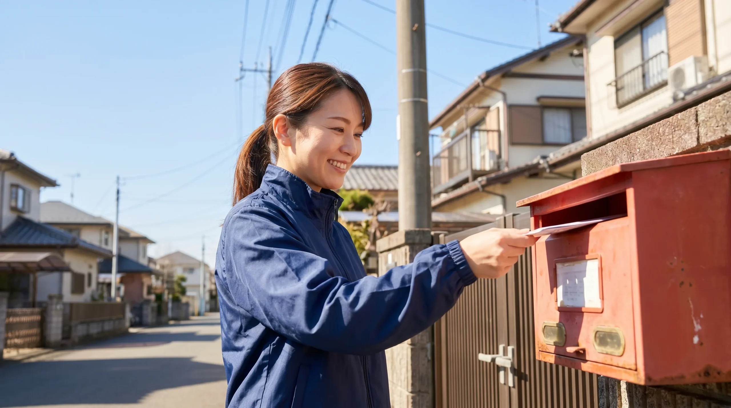 チラシをポストに投函する女性