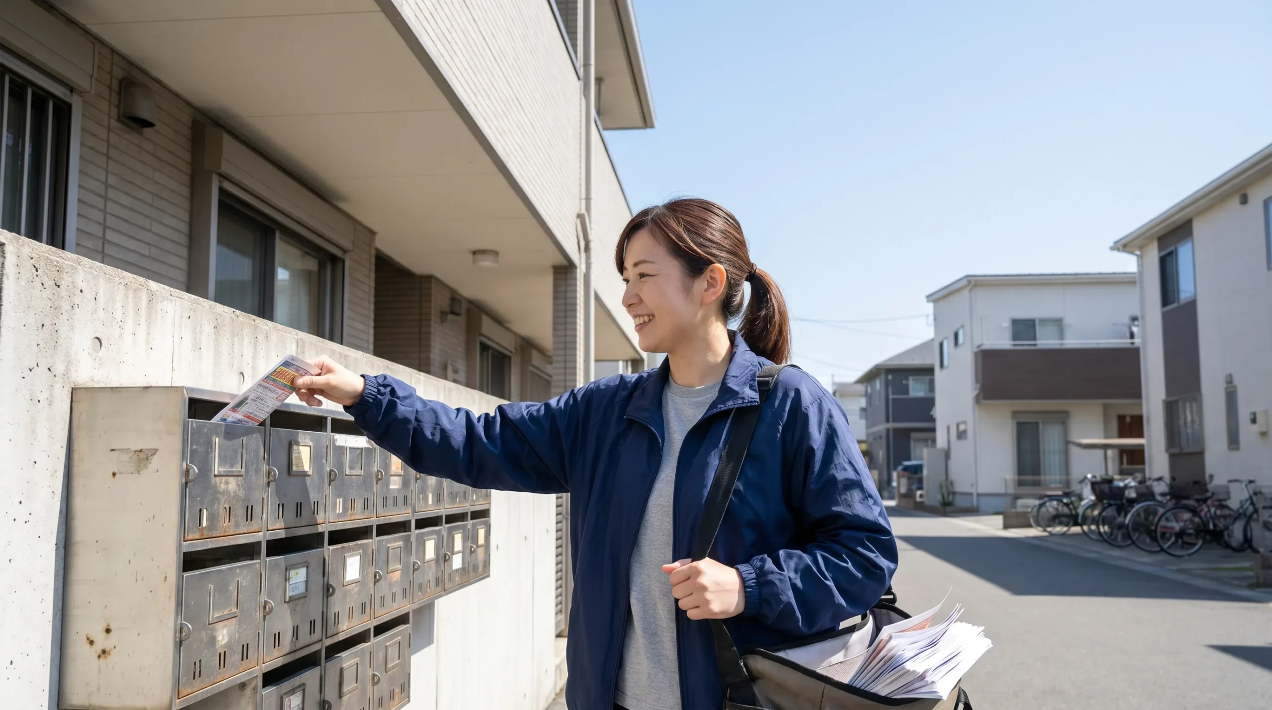 集合ポストにチラシを入れる女性