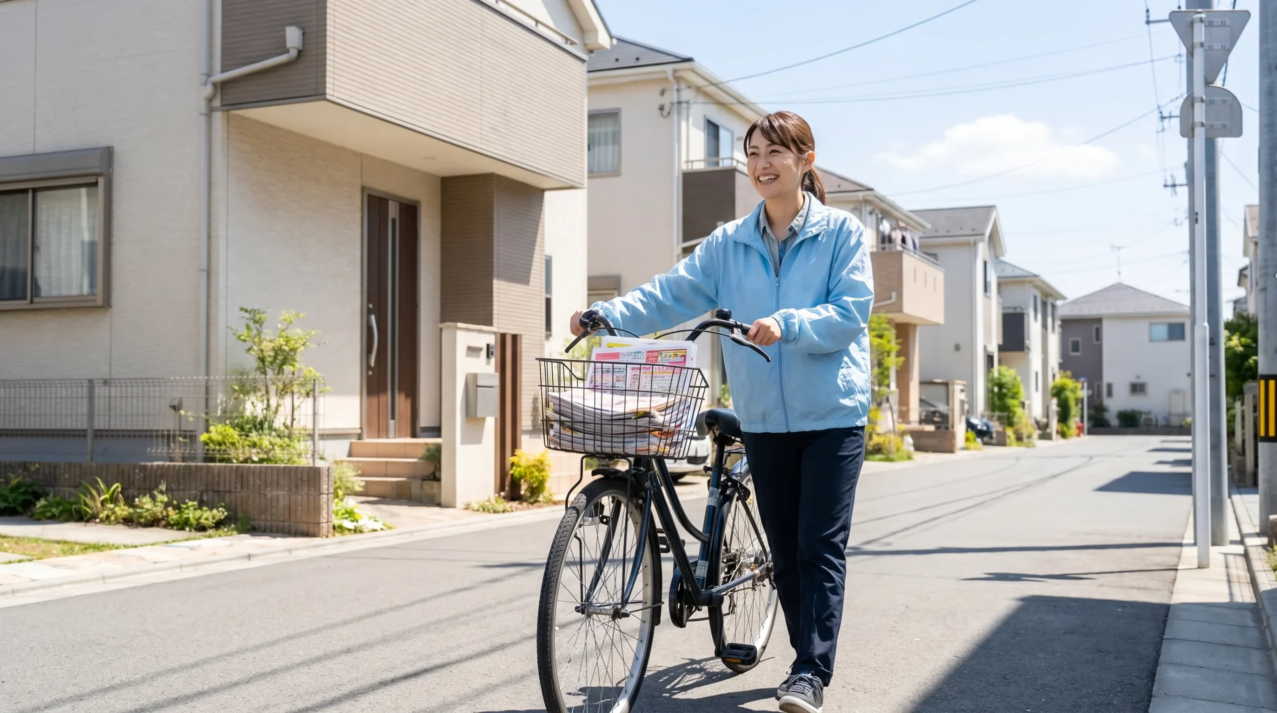自転車のカゴにチラシを入れ押して歩く女性
