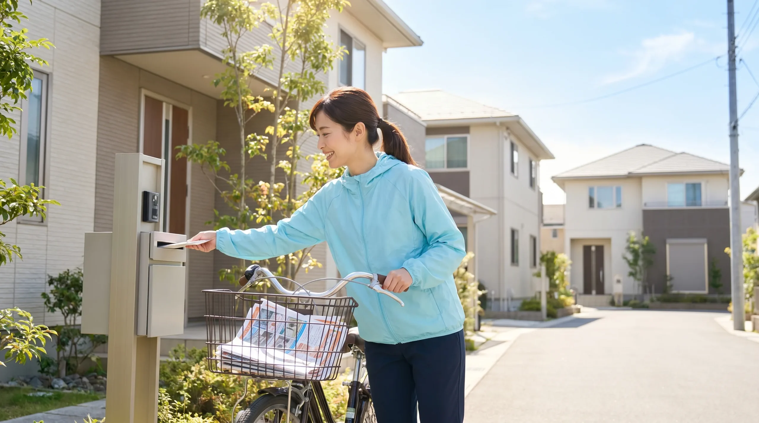 自転車のカゴにチラシを入れ押して歩く女性
