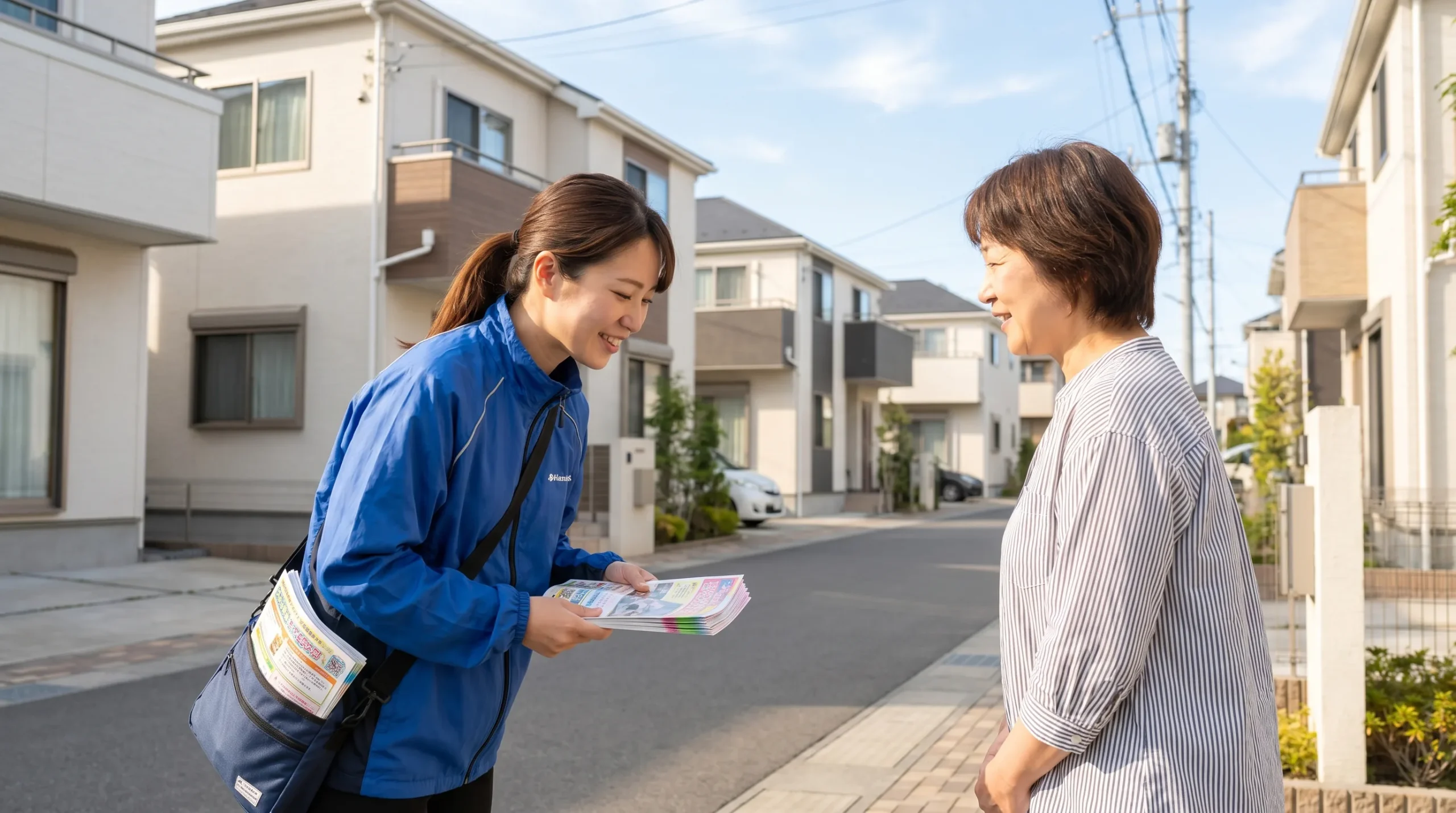 近所の人へ挨拶をしている配布スタッフ