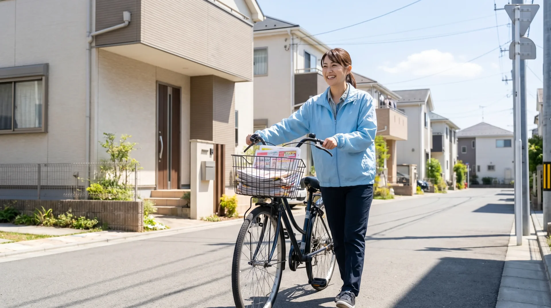 自転車のカゴにチラシを入れ押して歩く女性